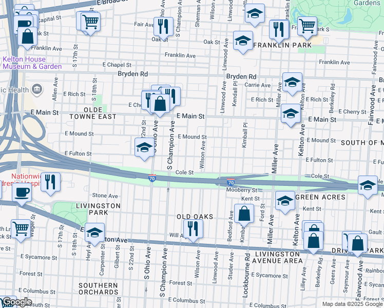 map of restaurants, bars, coffee shops, grocery stores, and more near 1156 E Fulton St in Columbus