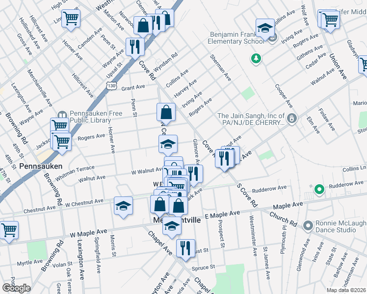 map of restaurants, bars, coffee shops, grocery stores, and more near 26 East Cedar Avenue in Merchantville