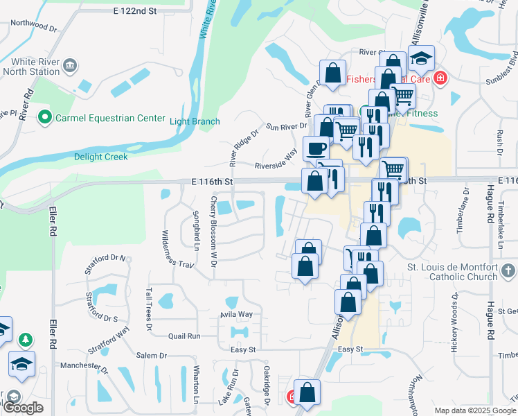 map of restaurants, bars, coffee shops, grocery stores, and more near 11508 Cherry Blossom East Drive in Fishers
