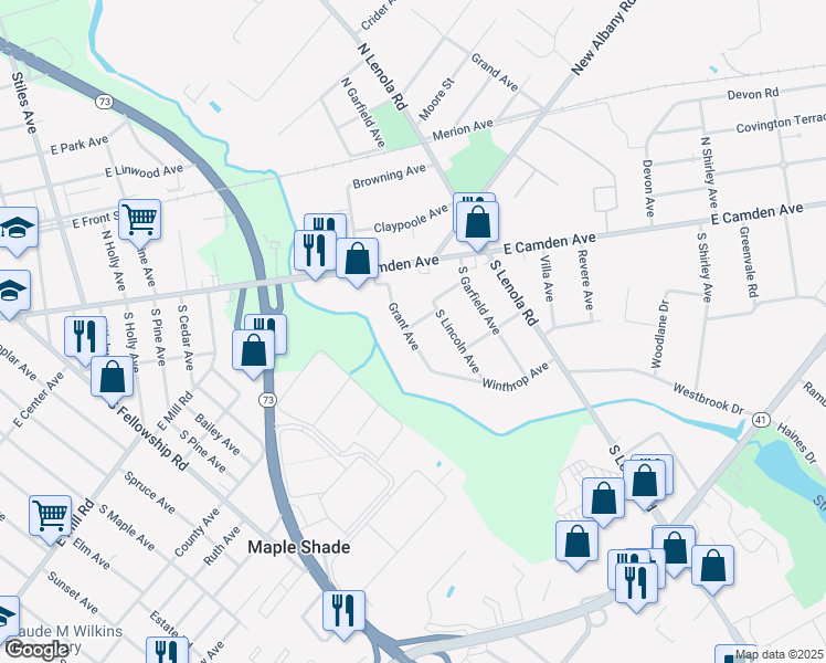 map of restaurants, bars, coffee shops, grocery stores, and more near 101 Grant Avenue in Moorestown