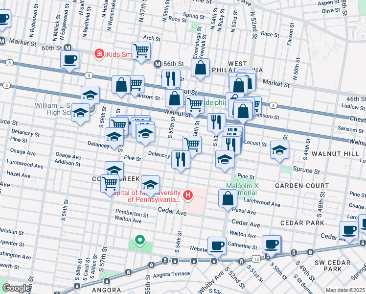 map of restaurants, bars, coffee shops, grocery stores, and more near 5429 Spruce Street in Philadelphia