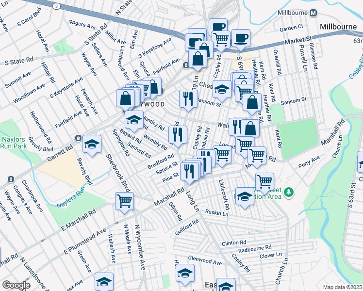 map of restaurants, bars, coffee shops, grocery stores, and more near 249 Long Lane in Upper Darby
