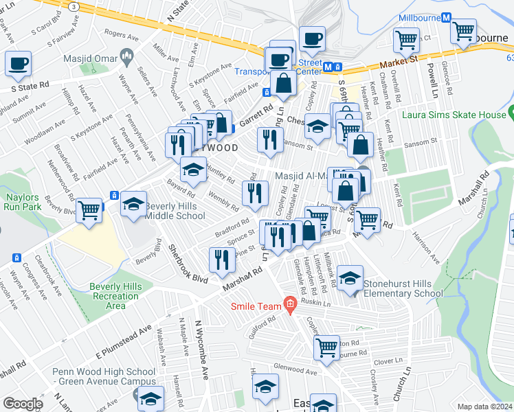map of restaurants, bars, coffee shops, grocery stores, and more near 249 Long Lane in Upper Darby