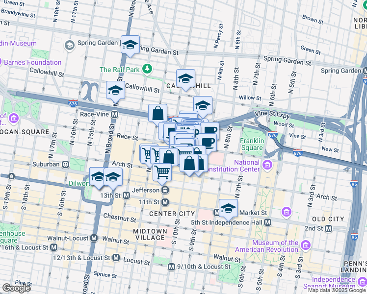map of restaurants, bars, coffee shops, grocery stores, and more near 1010 Race Street in Philadelphia