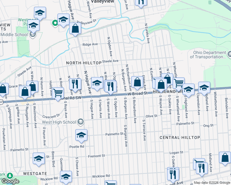 map of restaurants, bars, coffee shops, grocery stores, and more near 2624 West Broad Street in Columbus