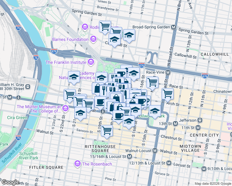 map of restaurants, bars, coffee shops, grocery stores, and more near 100 North 18th Street in Philadelphia
