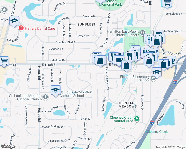 map of restaurants, bars, coffee shops, grocery stores, and more near 11455 Maple Dr in Fishers