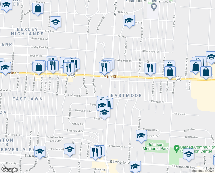 map of restaurants, bars, coffee shops, grocery stores, and more near 775 South James Road in Columbus