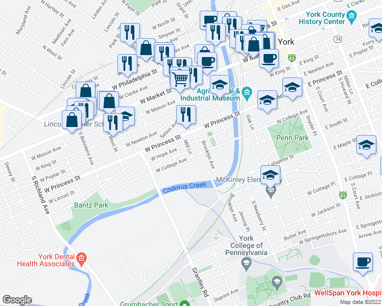 map of restaurants, bars, coffee shops, grocery stores, and more near 150 Mill Lane in York
