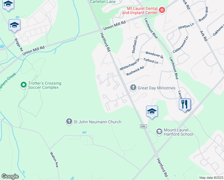 map of restaurants, bars, coffee shops, grocery stores, and more near 288B Everly Court in Mount Laurel Township