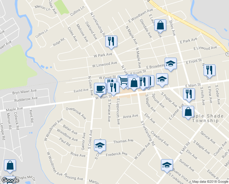 map of restaurants, bars, coffee shops, grocery stores, and more near 105 West Main Street in Maple Shade Township