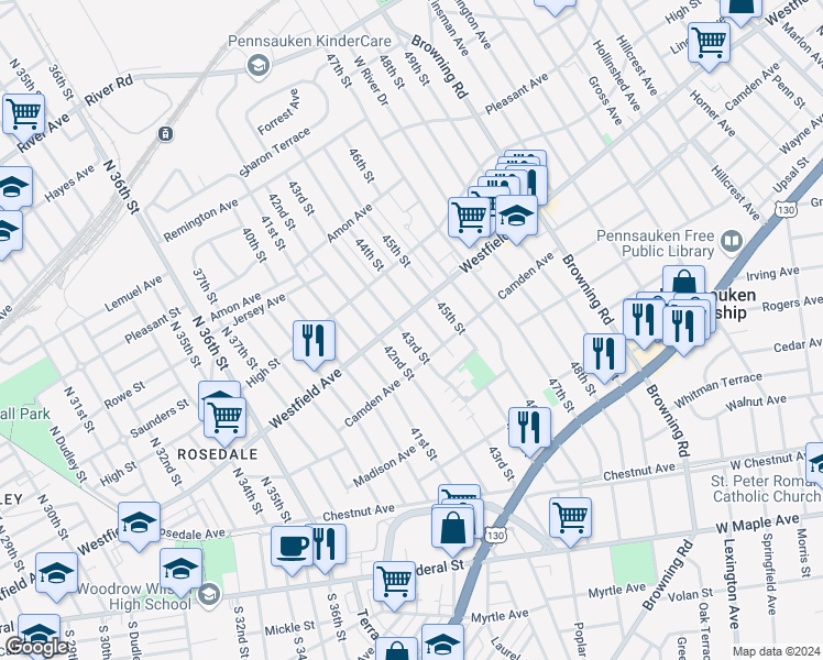 map of restaurants, bars, coffee shops, grocery stores, and more near 2129 44th Street in Pennsauken Township