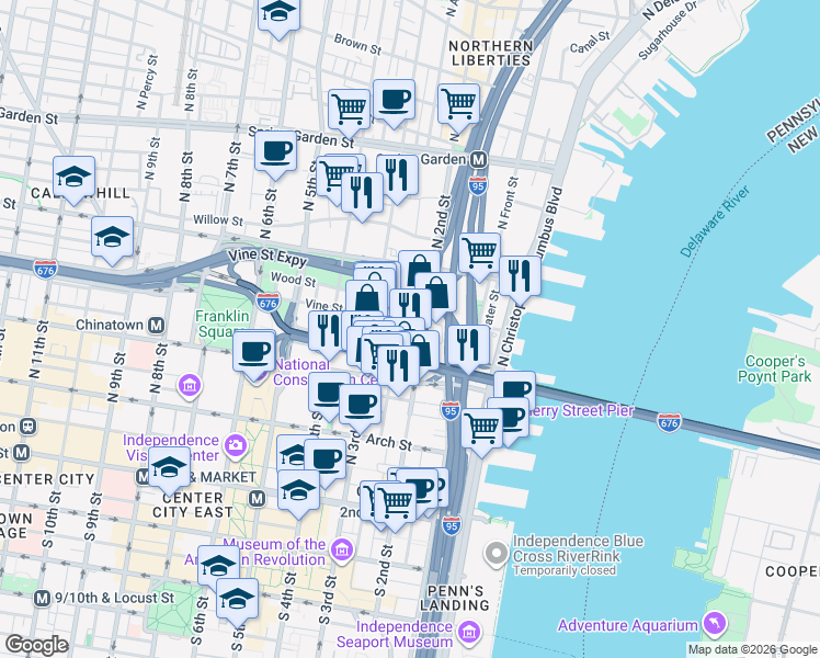 map of restaurants, bars, coffee shops, grocery stores, and more near 154 Vine Street in Philadelphia