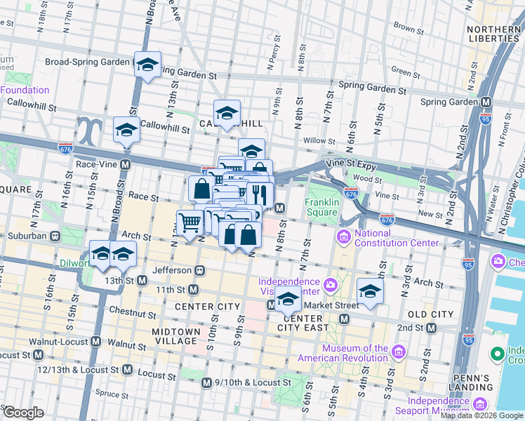 map of restaurants, bars, coffee shops, grocery stores, and more near 923 Race Street in Philadelphia