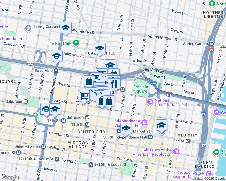 map of restaurants, bars, coffee shops, grocery stores, and more near 923 Race Street in Philadelphia