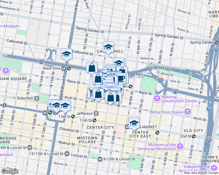 map of restaurants, bars, coffee shops, grocery stores, and more near 1001 Race Street in Philadelphia