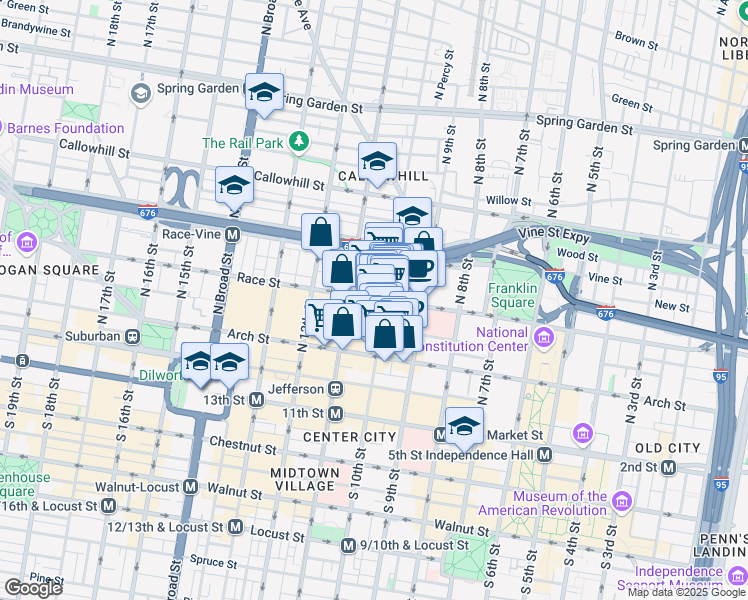 map of restaurants, bars, coffee shops, grocery stores, and more near 1001 Race Street in Philadelphia