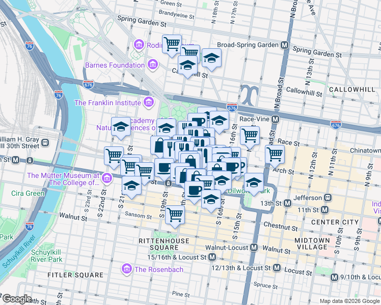 map of restaurants, bars, coffee shops, grocery stores, and more near in Philadelphia