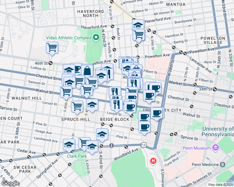 map of restaurants, bars, coffee shops, grocery stores, and more near in Philadelphia