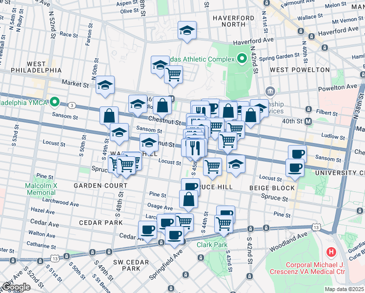 map of restaurants, bars, coffee shops, grocery stores, and more near 4528 Walnut Street in Philadelphia