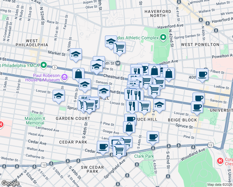 map of restaurants, bars, coffee shops, grocery stores, and more near 4620 Walnut Street in Philadelphia
