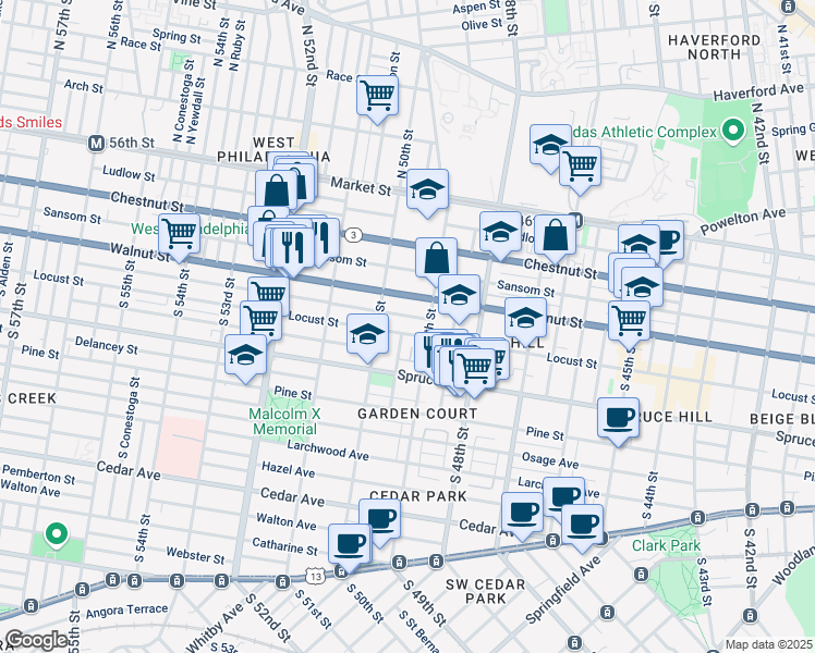 map of restaurants, bars, coffee shops, grocery stores, and more near 4918 Chancellor Street in Philadelphia