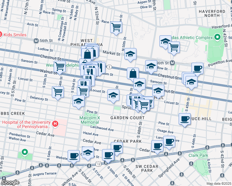 map of restaurants, bars, coffee shops, grocery stores, and more near 228 South 50th Street in Philadelphia