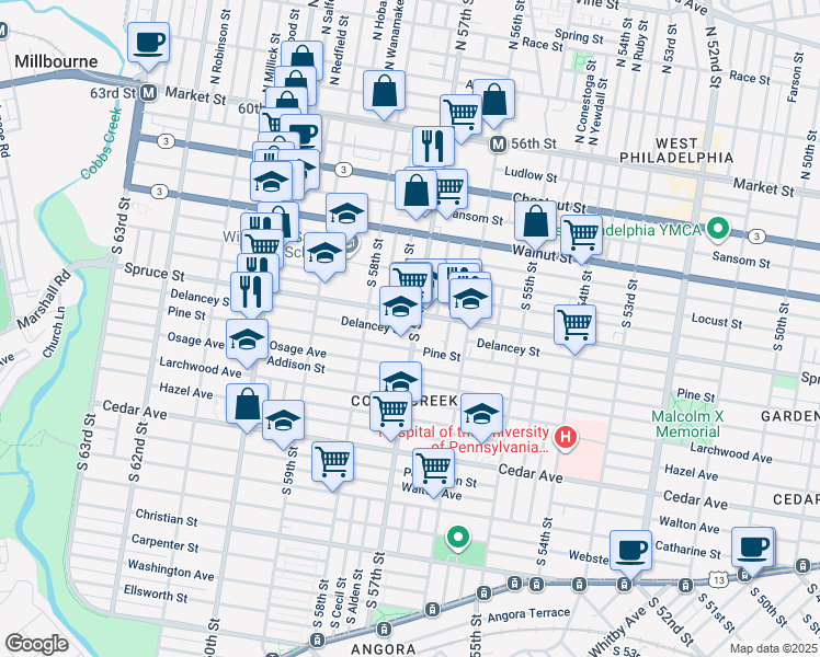 map of restaurants, bars, coffee shops, grocery stores, and more near 5729 Delancey Street in Philadelphia
