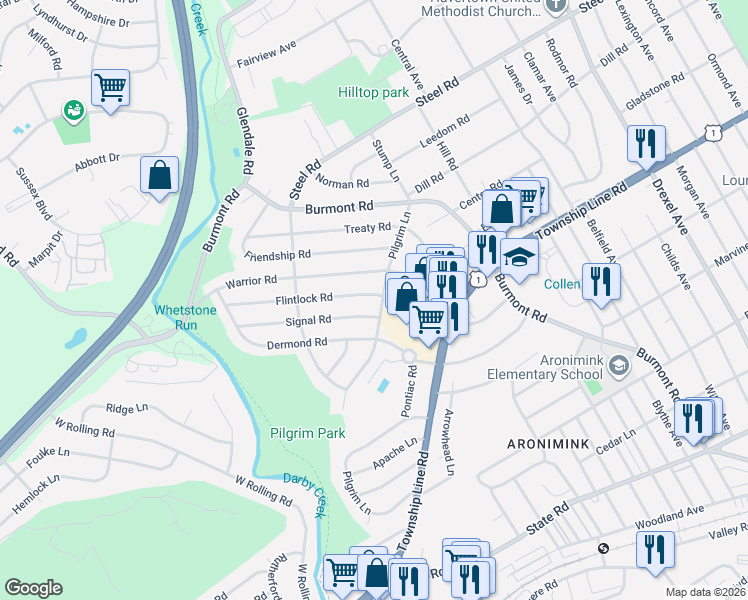 map of restaurants, bars, coffee shops, grocery stores, and more near 401 Pilgrim Lane in Drexel Hill