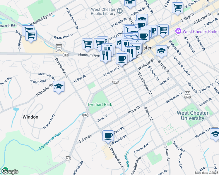 map of restaurants, bars, coffee shops, grocery stores, and more near 418 West Miner Street in West Chester