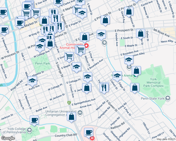map of restaurants, bars, coffee shops, grocery stores, and more near 601 South Queen Street in York