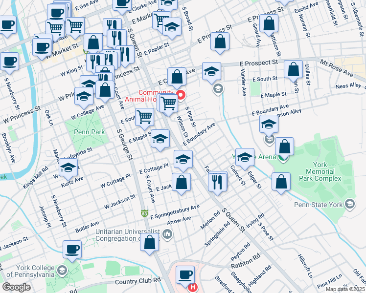map of restaurants, bars, coffee shops, grocery stores, and more near 601 South Queen Street in York