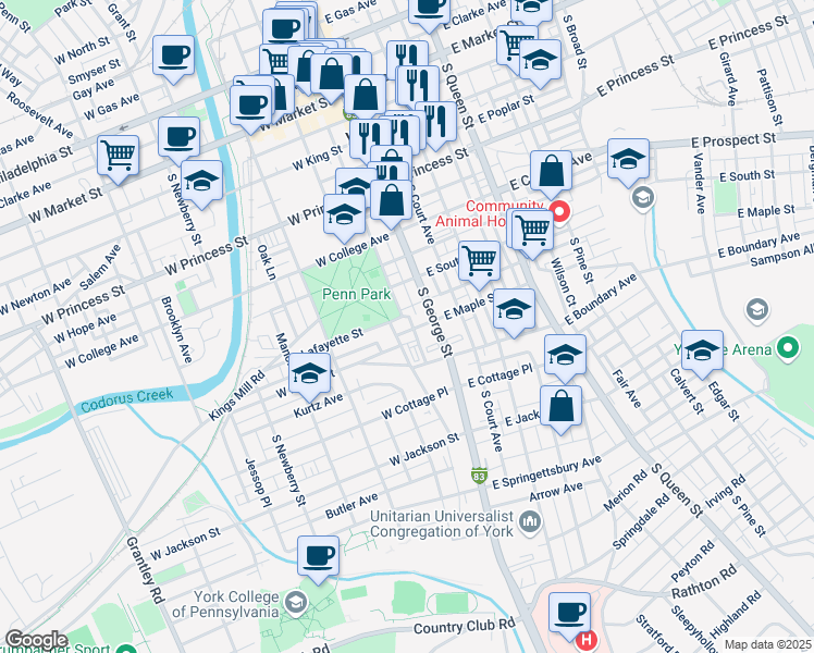 map of restaurants, bars, coffee shops, grocery stores, and more near 23 West Maple Street in York