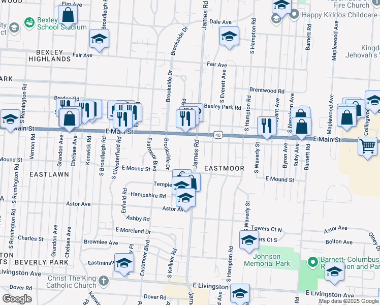 map of restaurants, bars, coffee shops, grocery stores, and more near 775 South James Road in Columbus