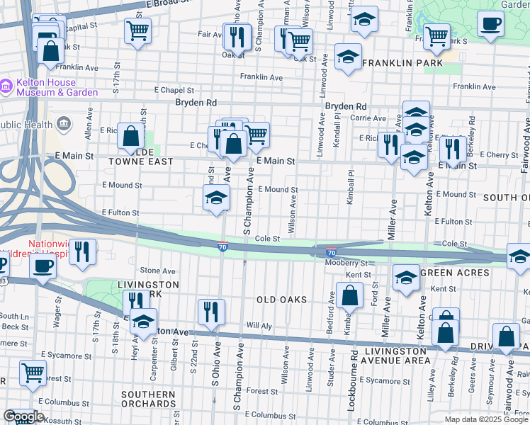 map of restaurants, bars, coffee shops, grocery stores, and more near 1156 East Fulton Street in Columbus