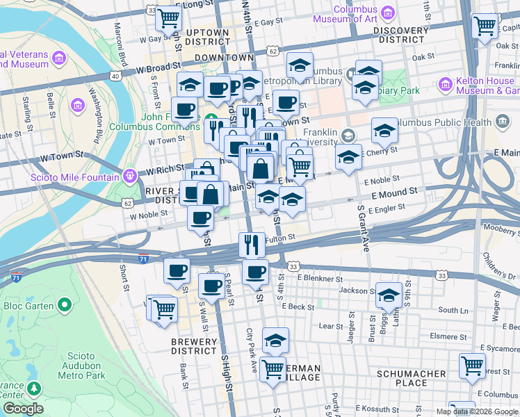 map of restaurants, bars, coffee shops, grocery stores, and more near 332 South 3rd Street in Columbus