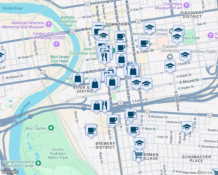map of restaurants, bars, coffee shops, grocery stores, and more near 330 South High Street in Columbus