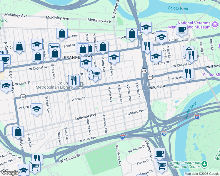 map of restaurants, bars, coffee shops, grocery stores, and more near 196 Martin Avenue in Columbus