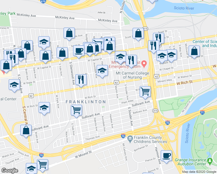 map of restaurants, bars, coffee shops, grocery stores, and more near 935 West Town Street in Columbus