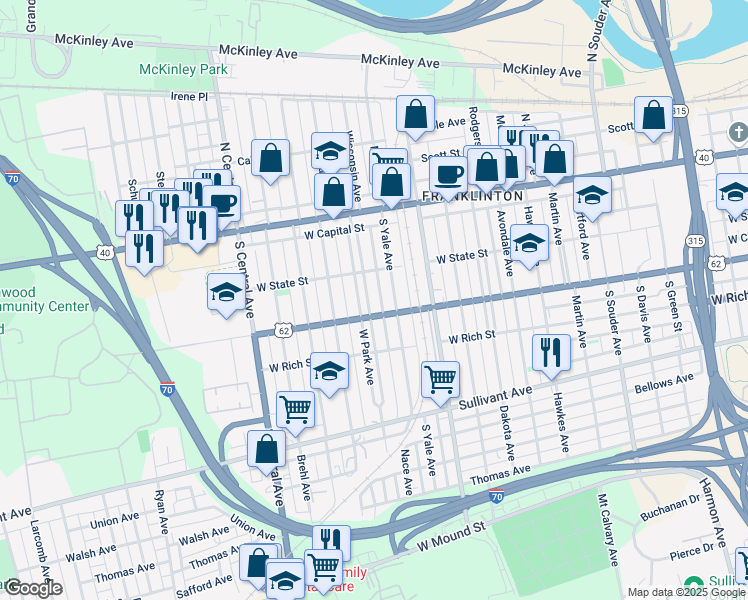 map of restaurants, bars, coffee shops, grocery stores, and more near 140 West Park Avenue in Columbus