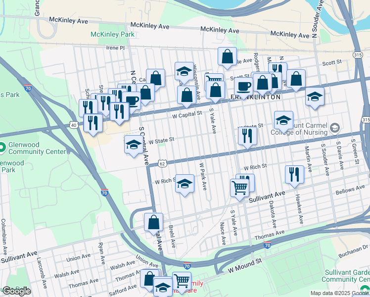 map of restaurants, bars, coffee shops, grocery stores, and more near 132 South Princeton Avenue in Columbus