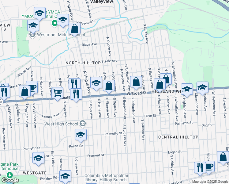 map of restaurants, bars, coffee shops, grocery stores, and more near 2608 West Broad Street in Columbus