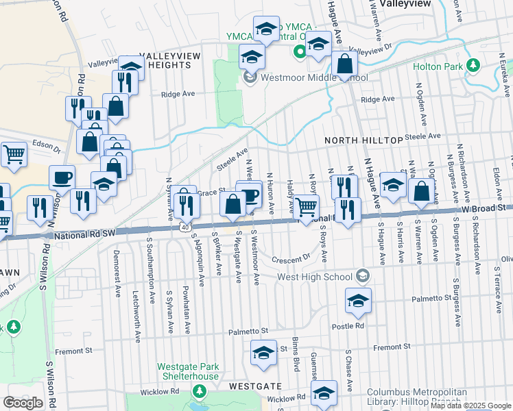 map of restaurants, bars, coffee shops, grocery stores, and more near 57 North Westmoor Avenue in Columbus