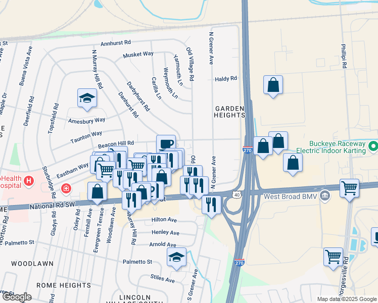 map of restaurants, bars, coffee shops, grocery stores, and more near 159 Old Village Road in Columbus