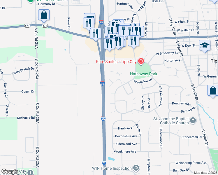 map of restaurants, bars, coffee shops, grocery stores, and more near 251 Rolling Acres Drive in Tipp City