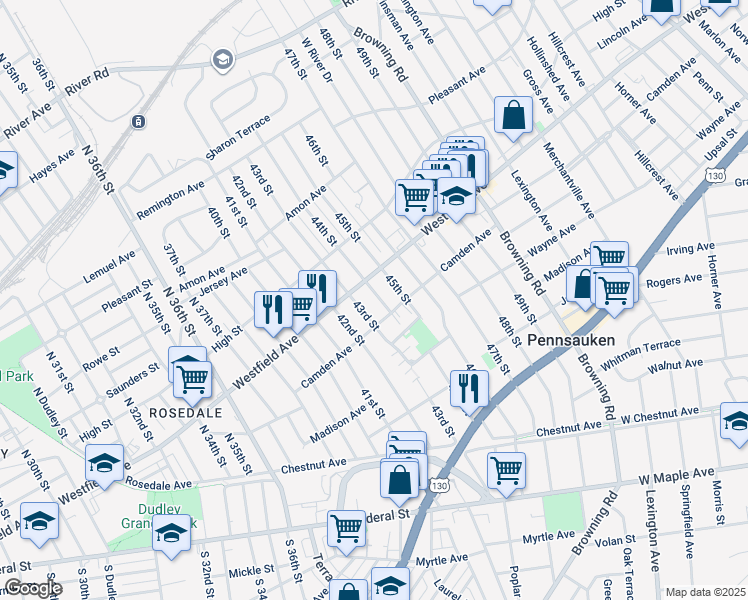 map of restaurants, bars, coffee shops, grocery stores, and more near 2129 44th Street in Pennsauken Township