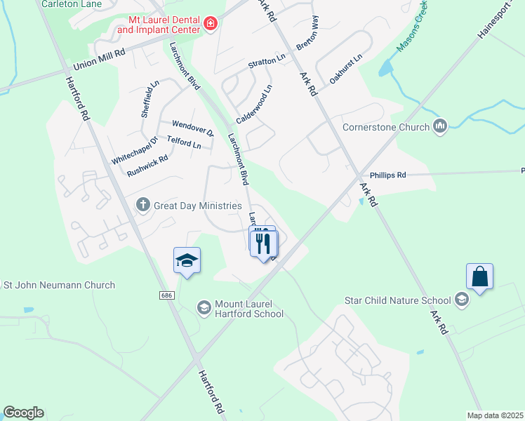 map of restaurants, bars, coffee shops, grocery stores, and more near 307A Ralston Drive in Mount Laurel Township
