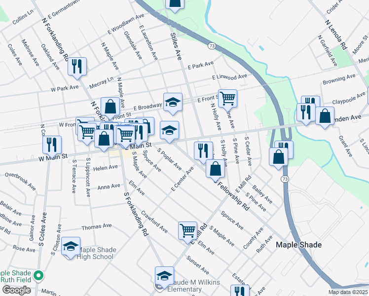 map of restaurants, bars, coffee shops, grocery stores, and more near 14 South Chestnut Avenue in Maple Shade Township