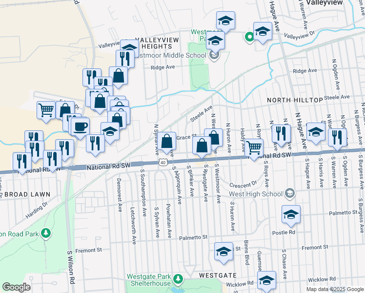 map of restaurants, bars, coffee shops, grocery stores, and more near 41 North Brinker Avenue in Columbus