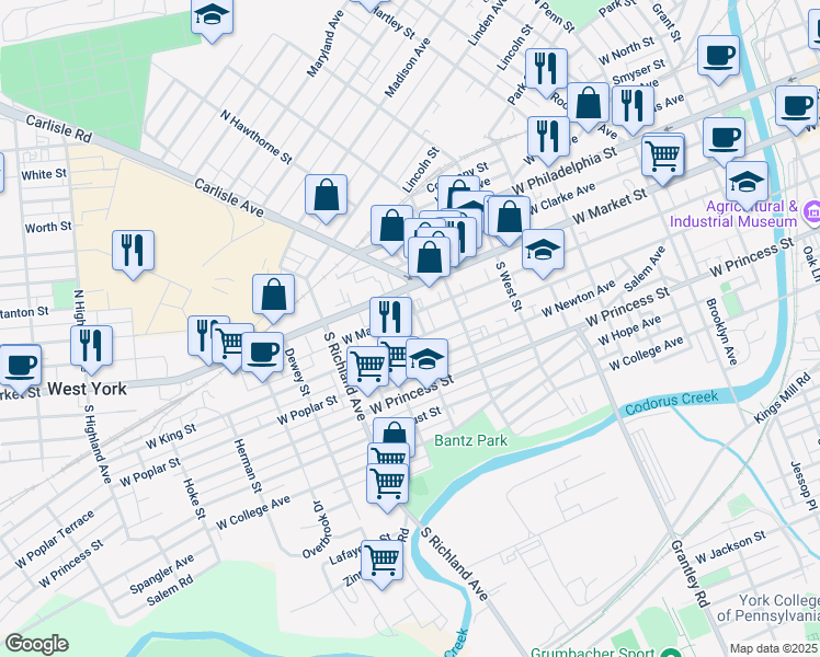 map of restaurants, bars, coffee shops, grocery stores, and more near 761 West King Street in York